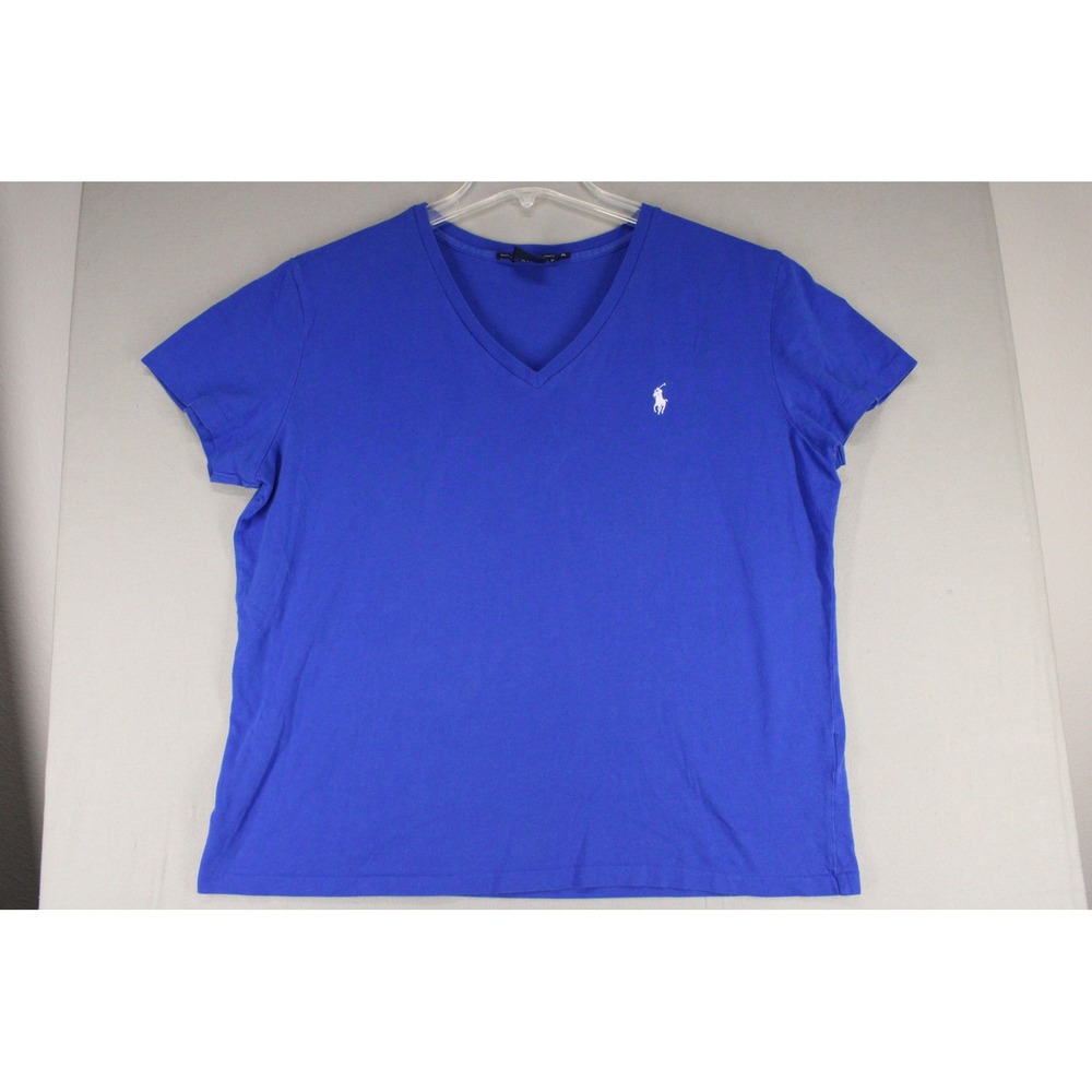 Ralph Lauren Sport V-Neck T-Shirt Womens XL Blue Cotton Pony Logo Preppy Casual